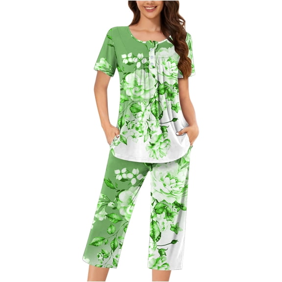 Simua Women Summer Pajamas Sets Print O-Neck Short Sleeve Ruffled Top and Cropped Pants Loungewear