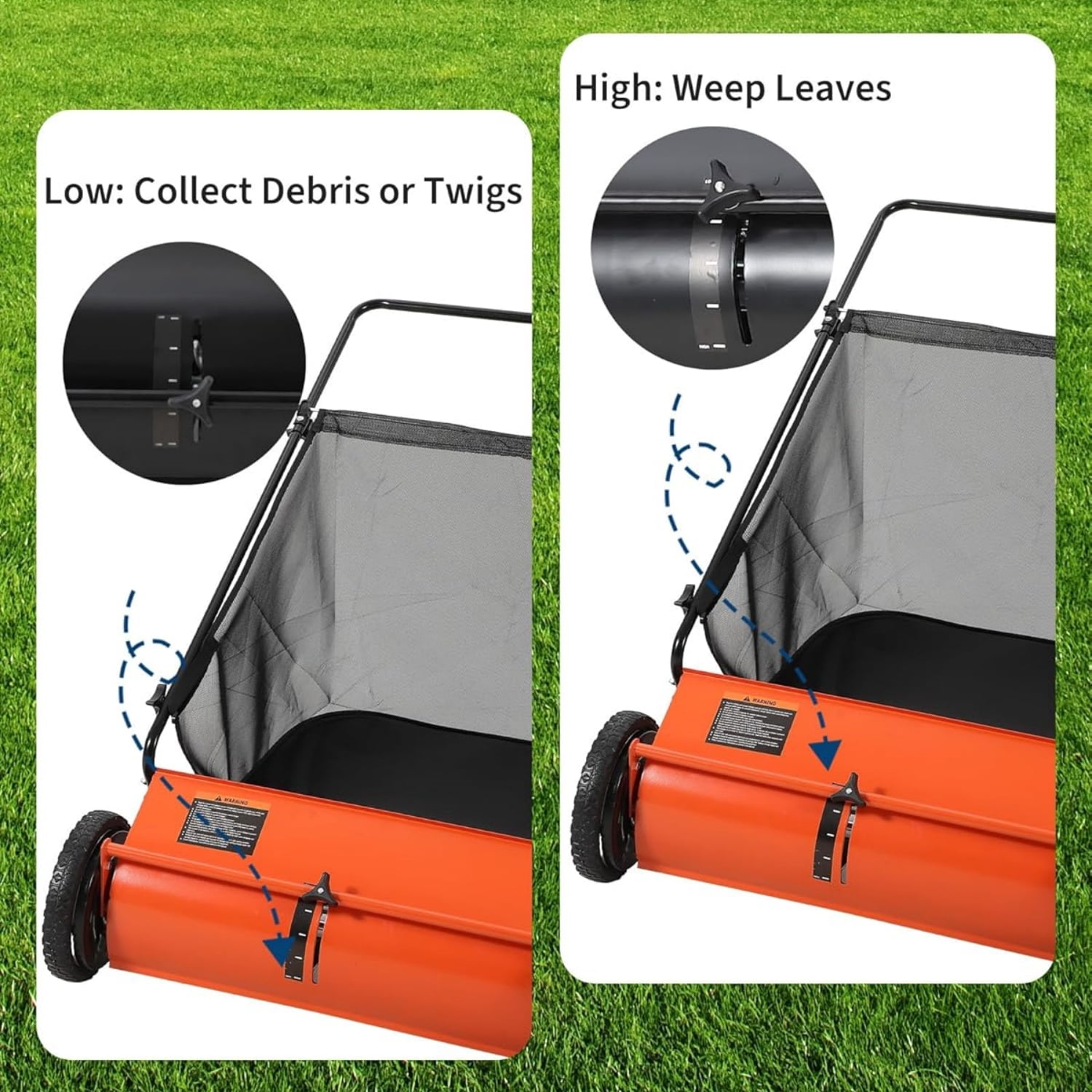 Riedhoff 26" Push Lawn Sweeper,4 Spinning Brushes, 7 Cu. Ft Capacity Collection Bag, Adjustable Height, Orange