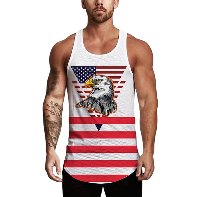 Innerwin Débardeurs Imprimé Drapeau Américain Hommes Débardeurs de Musculation Gym Sans Manches Style Été B m