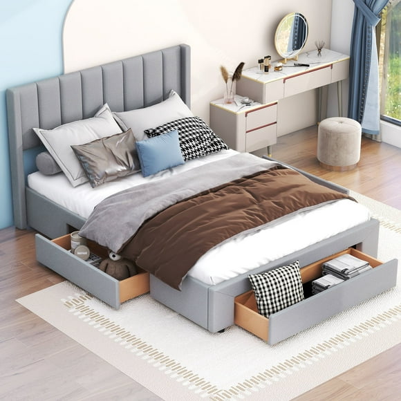 Velets Drawer Bed with Storage, Linen Fabric, Wooden Drawers, Foam Tufted Headboard (Light Gray, Queen)
