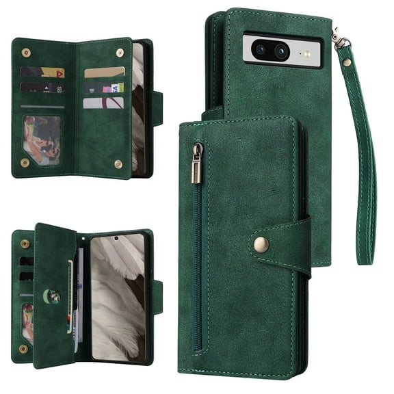 SaniMore for Google Pixel 8 Case, PU Leather 2 in 1 Zipper Wallet Removeable Wrist Strap Card Slots Cash Pocket Kickstand Shockproof Anti-fall Full Protective Shell For Google Pixel 8, Green