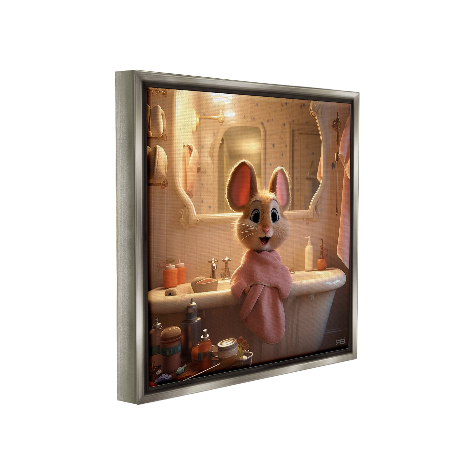 Stupell Industries Mouse in Relaxing Bath Animals & Insects Painting Gray Floater Framed Canvas Art Print Wall Art, 25 x 25