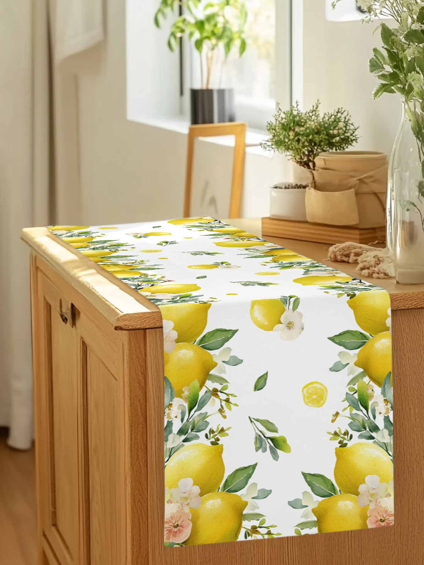 Watercolor Lemon Green Leaves Flower Table Runner 90 Inches Long, Farm Harvest Table Runners Tabletop Scarf Kitchen Dining Tables Decoration for Home Party Indoor Outdoor