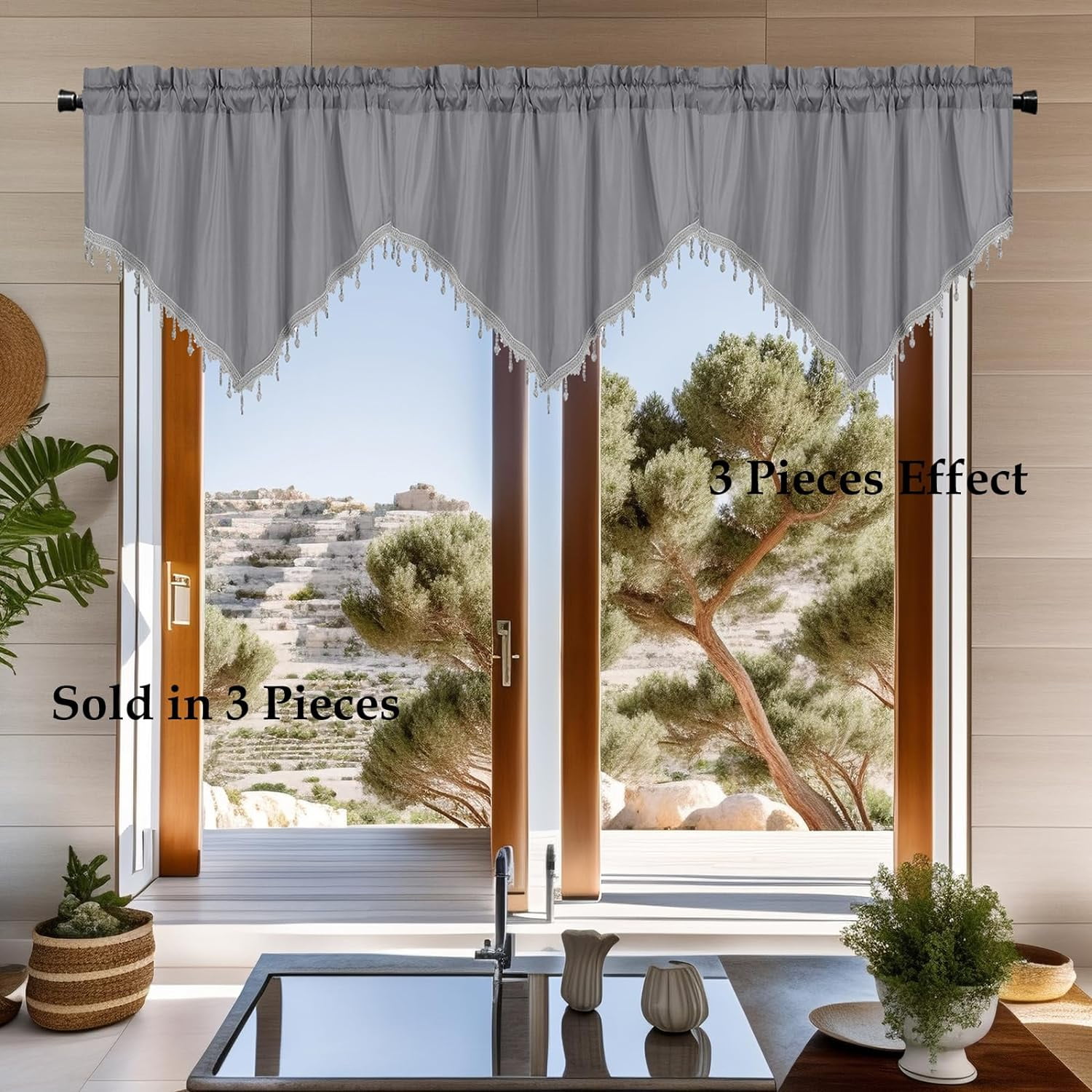Nvzi Luxury Beaded Triangle Curtain Valances 3 Panels for Living Room Bathroom Cafe Laundry Basement Rod Pocket Half Blackout Short Window Valance Curtains (Grey,51"x23")