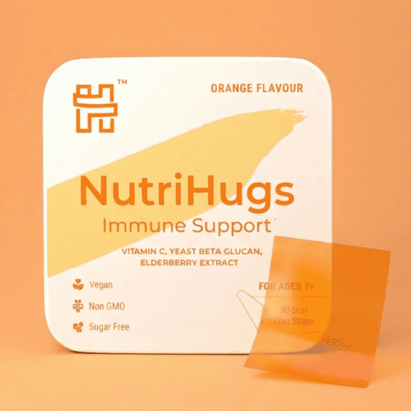 NutriHugs Immune Support Mouth Dissolving Oral Thin Film Strips with Vitamin C, Yeast Beta Glucan & Elderberry, Orange Flavor | Vegan 30 Strips