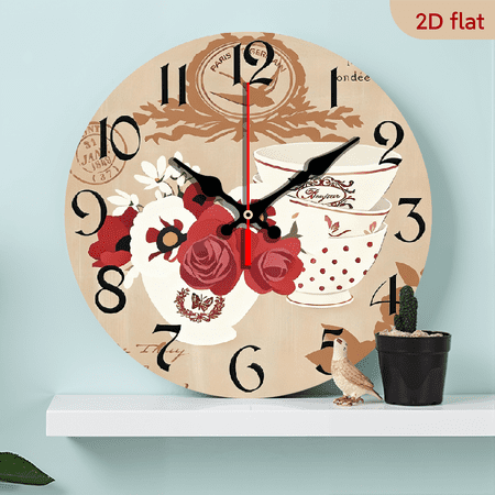 2D Flat, 1pc 10Inch Rustic Farmhouse Floral Paris Decor Wooden Wall Clock - Silent Quartz Movement, Vintage Teacup Roses Design with French Script, Red_White Floral Pattern, AA Battery Operated (N