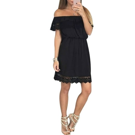 Crochet Yoke Silk Dress Lace Crochet Spliced Off Shoulder Dress Women Summer Mini Sundress for Beach Party Cocktail Evening Party Short Sleeve Solid Dresses ()