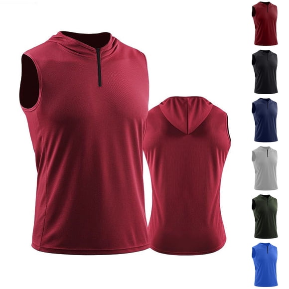 Pvkarhg Men's Workout Hooded Tank Tops Sleeveless Quarter Zip Gym Hoodies Muscle Tees Lightweight Summer Running Tank Top Black M