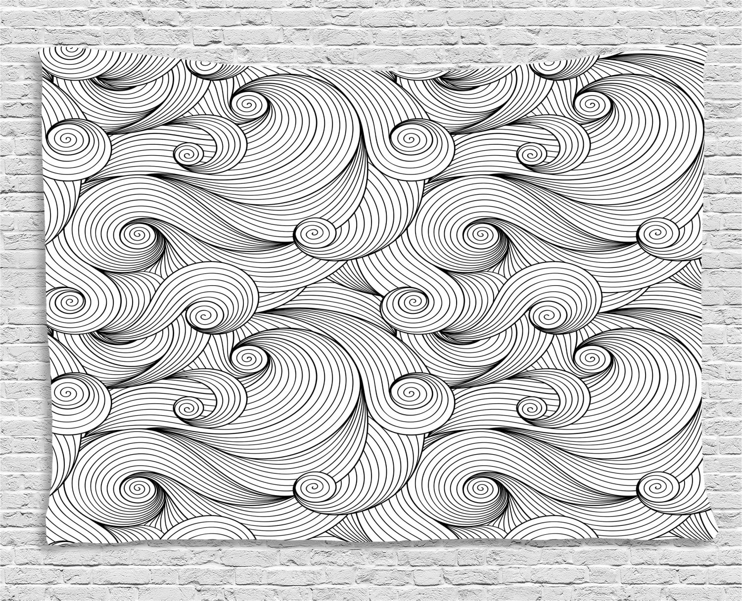 Black and White Tapestry, Doodle Design Abstract Curled Waves Pattern