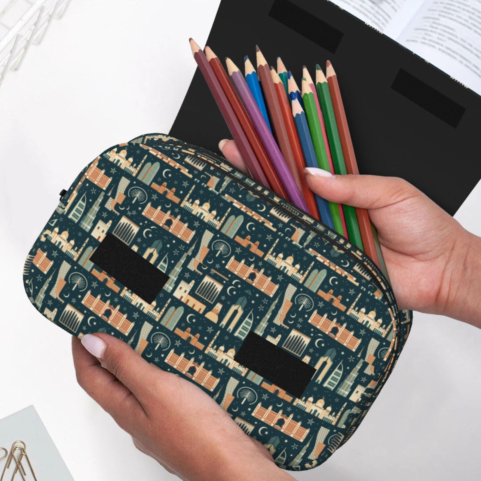 Rateoe UAE Travel1 1 Pattern Double Clamshell Pen Case, Storage Organizer with Two Zipper Compartments– Holds Up to 50 Pencils & Pens