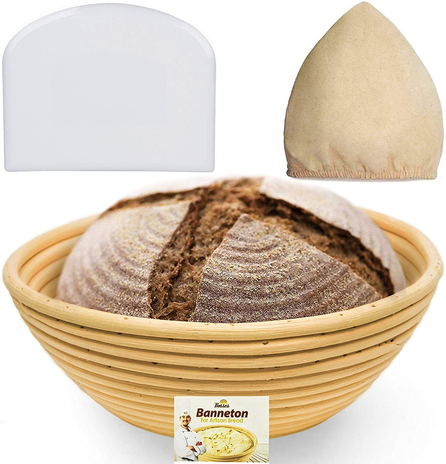 KIT 10 Inch Bread Basket Sourdough Starter Bread Lame Liner & FREE EBOOK Bread Proofing Basket for Bread Baking Supplies Bread Making Tools Banneton Proofing Basket Dough Scraper 