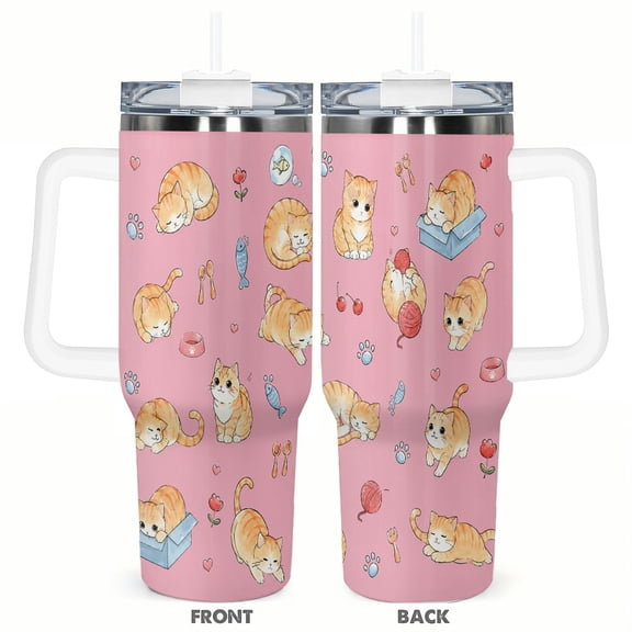 Cute Orange Cat Pattern 40oz Car Tumbler Insulated Travel Cup with Handle and Straw Stainless Steel Vacuum Coffee Cup Cat Lover Gift Thermal Travel Cup