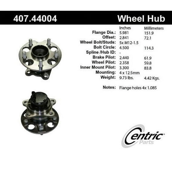 Centric Parts Wheel Bearing and Hub Assembly P/N:407.44004E Fits select: 2004-2007 TOYOTA HIGHLANDER, 2004-2009 LEXUS RX