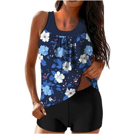 ZQGJB Tankini Swimsuits for Women Two Piece Bathing Suits Mesh Patchwork Scoop Neck Blouson Tank Top with Boyshorts Tummy Control Modest Swimsuits(Multicolor#01 L)