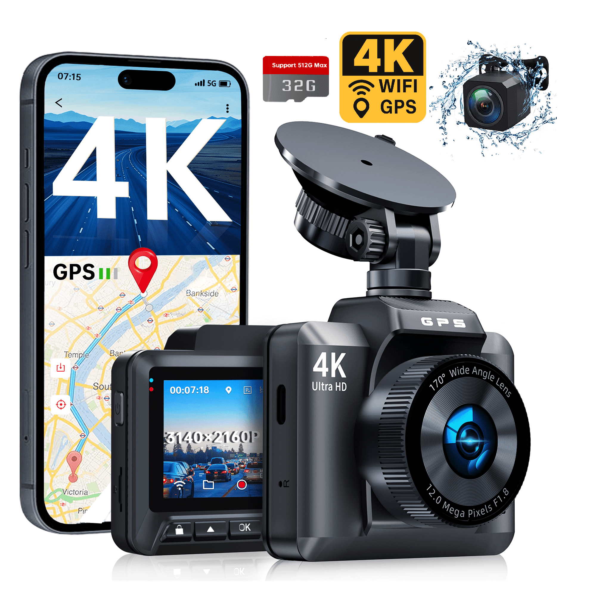 FFN 4K Dual Channel Dash Cam with GPS and WiFi