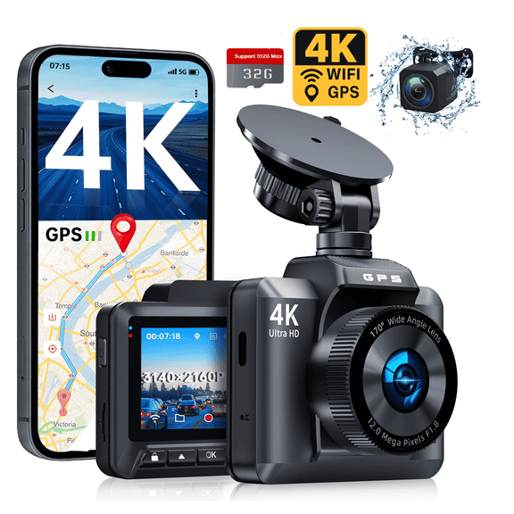 FFN Dash Cam Front and Rear, 4K Dash Cam with WiFi & GPS, Dash Camera for Cars, Dashcam with APP, Car Camera with G-Sensor, Night Vision, WDR, Loop Recording, Parking Mode, Free 32GB SD Card
