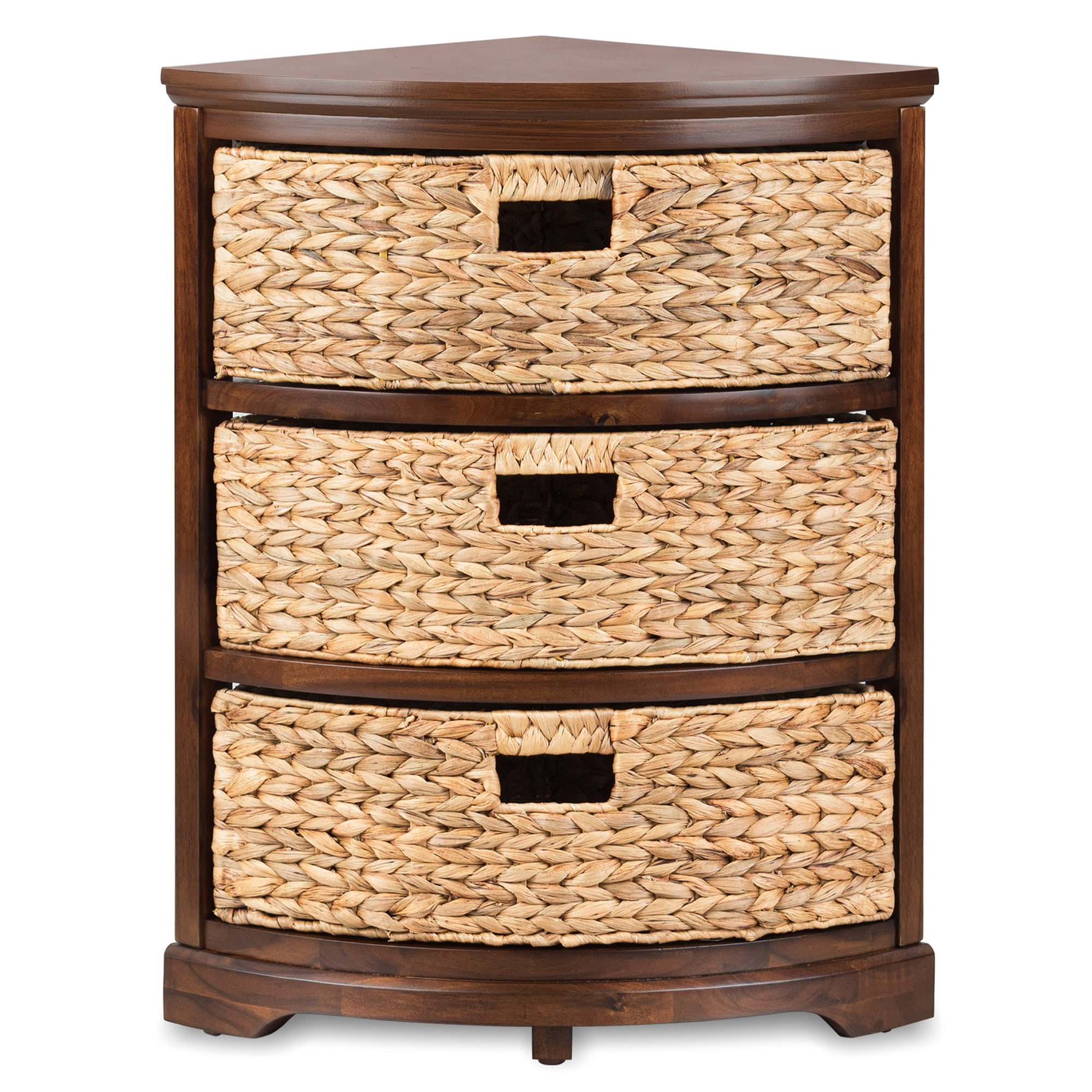 Hampton Meadows 3 Tier X-Side Corner Table Storage Cabinet with 3 Natural Water Hyacinth Wicker Baskets for Living Room, Walnut