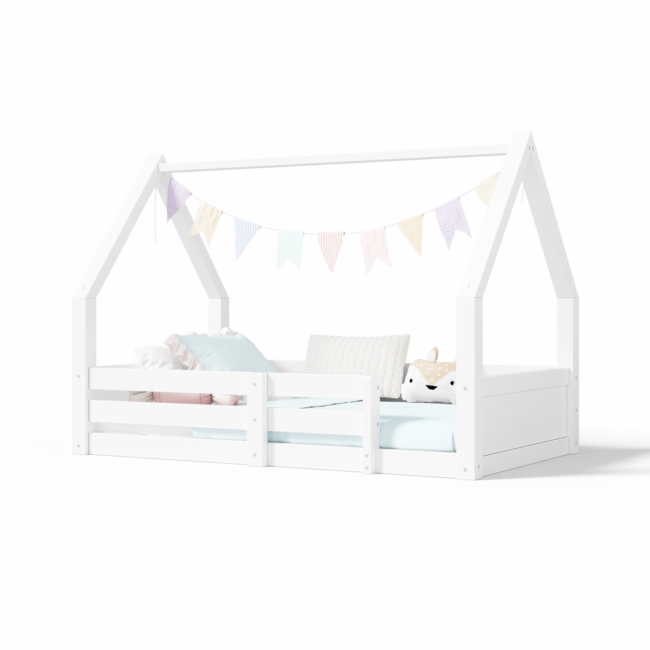 Noble House Salma Twin Size House Floor Wooden Bed with Roof Frame & Grooved Panels, Safety Guardrails, White