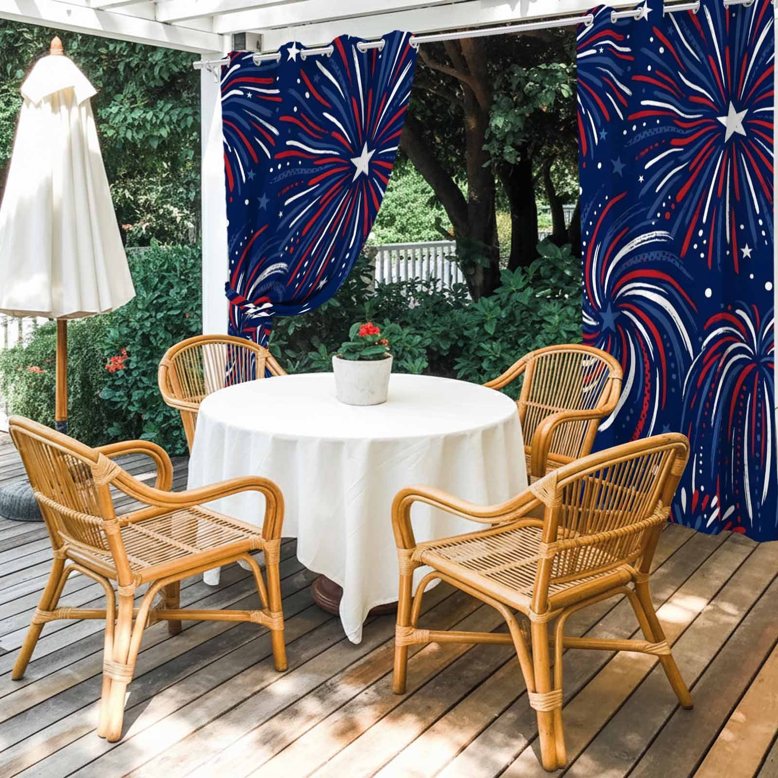 Independence Day Outdoor Curtains for Patio, U. S. Flag Cartoon Firework Graffiti Patriotic Sunshade Privacy Drapes Grommet Waterproof Outside Curtains for Porch/Cabana/Balcony 54"x 108", 1 Panel