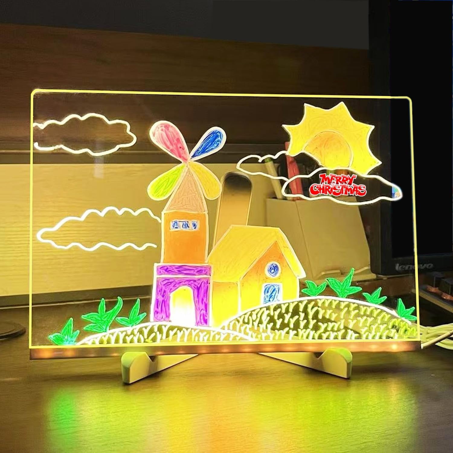 LED Note Board,Acrylic Dry Erase Board with Light,with Adjustable Stand and 7 Colors Pen,LED Illuminated Drawing Board for School Home,Gifts for Christmas, Valentine's Day