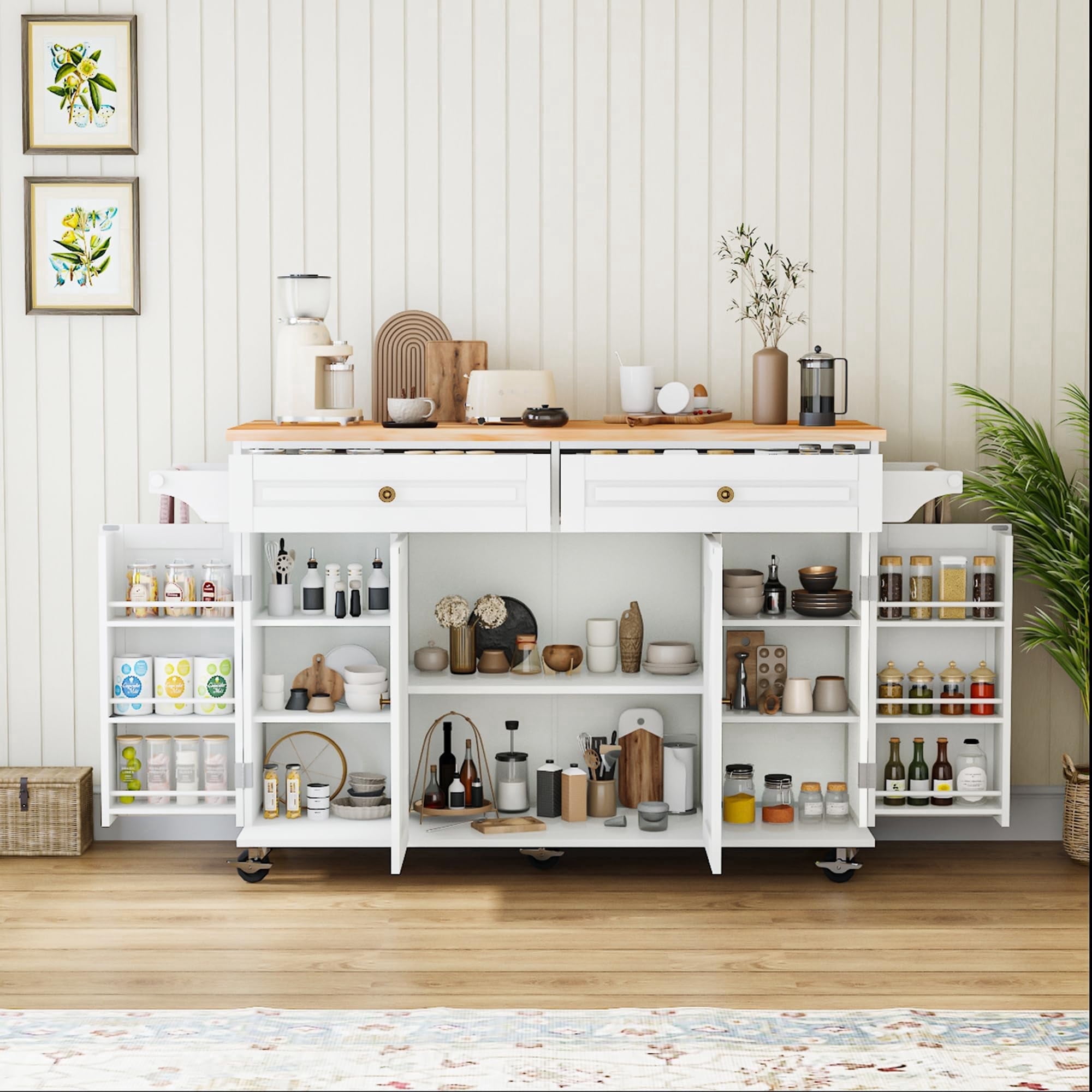 JassmiPkwy 59’’ Rolling Kitchen Island Cart with Drop Leaf and Power Outlet, Movable Kitchen Islands with 3-Tier Door Storage Shelf, Island Table on Wheels, 2 Large Drawers, Towel Racks, White
