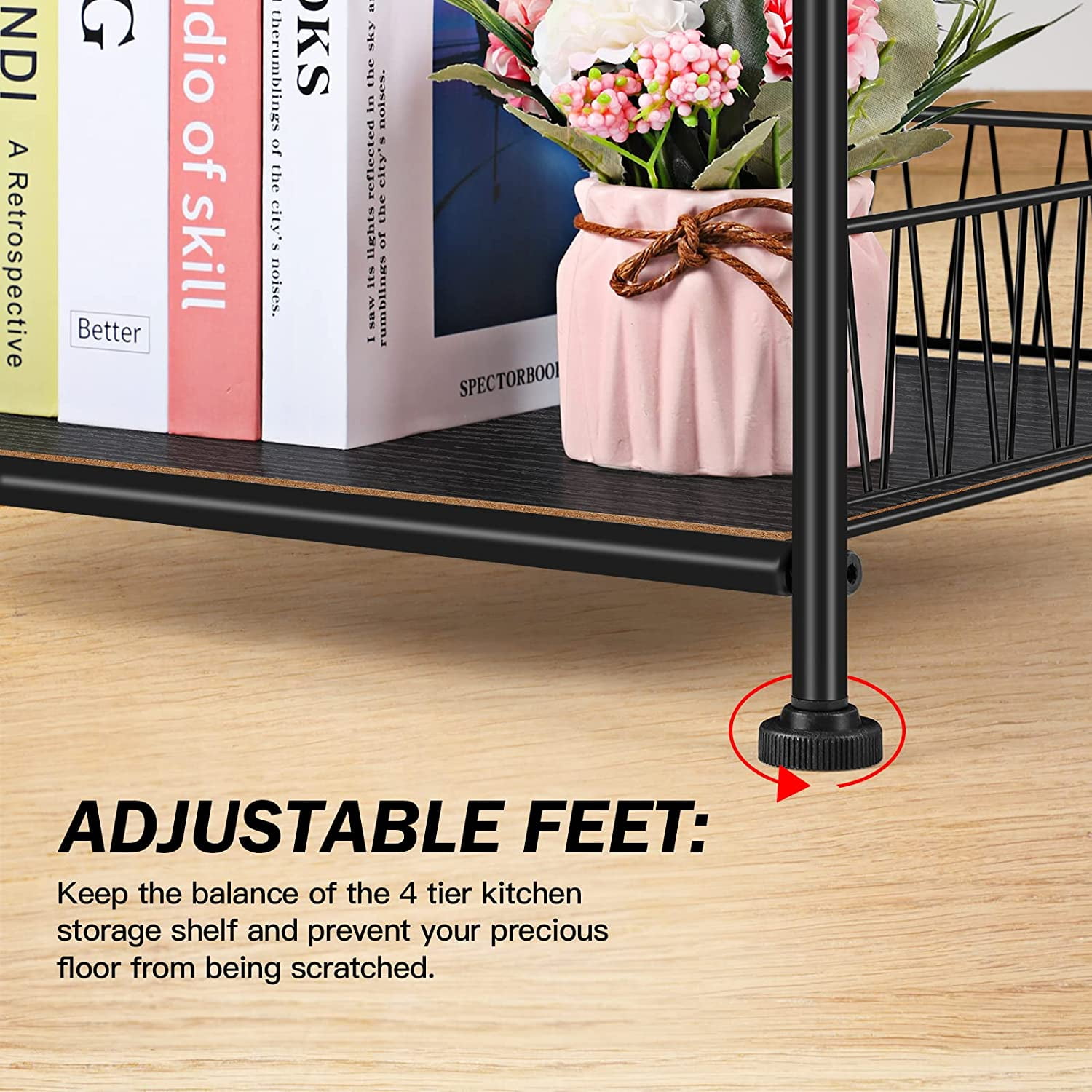 4 Tier Bathroom Storage Rack Metal Shelving Unit Organizer with Wood Shelves, Black