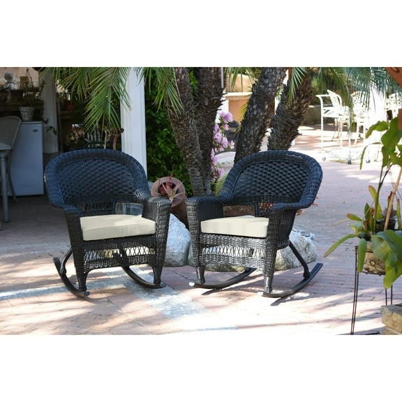 Jeco Black Rocker Wicker Chair with Ivory Cushion - Set of 2