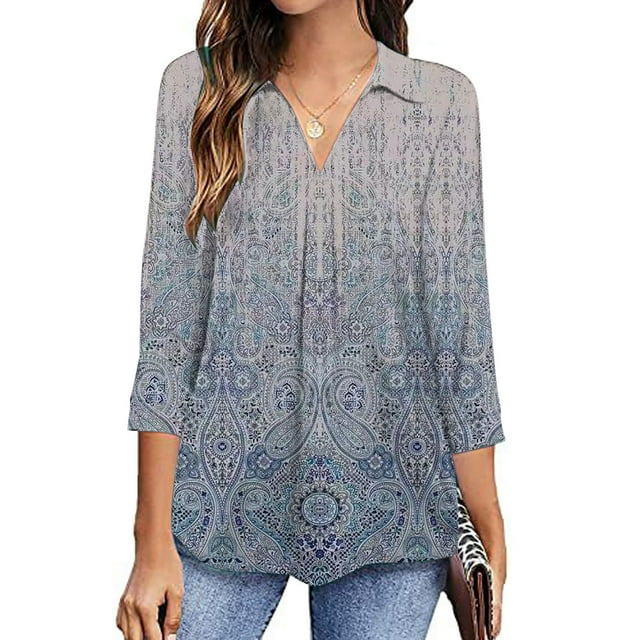 Hauts pour Femmes Mode Femme Col en V Manches Trois Quarts 3/4 T-Shirt Imprimé Blouse Hauts Chandail en Molleton Hauts pour Femmes Été en Liquidation