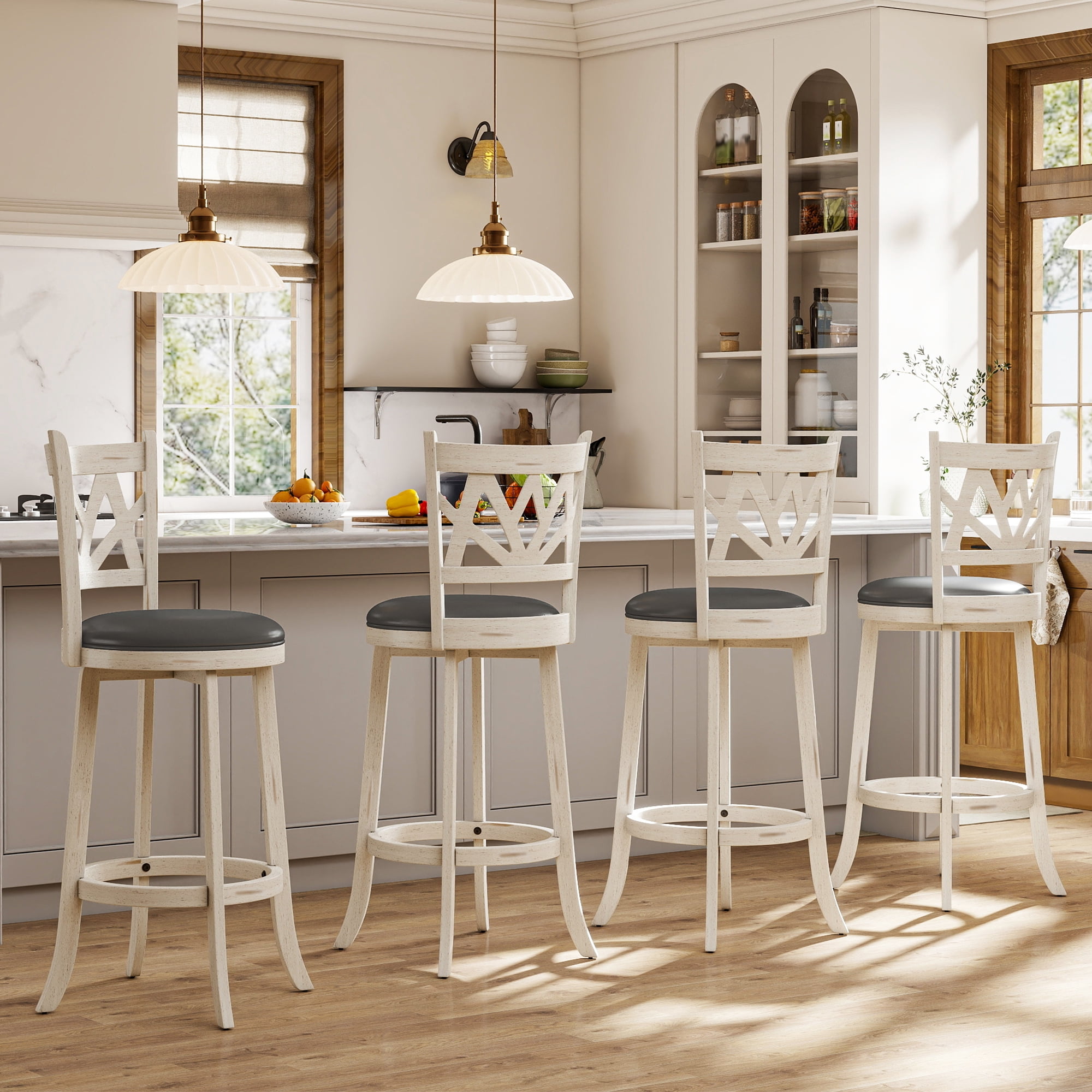 Joywind Farmhouse Swivel Bar Stools Set of 2, 30" Carved Lotus Barstools, Faux Leather Upholstered Bar Chairs with Solid Footrest & Wood Legs, Antique White