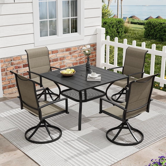 DIFY 5PCS Outdoor Patio Dining Set, 37.8" Rectangular Dining Table and 4 Swivel Chairs, Black/Brown