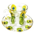 thumbnail image 2 of Peacock Feather Glass Coffee & Tea Cup with Saucer - Hand-Painted Turkish Style Espresso Cup, 2 of 9