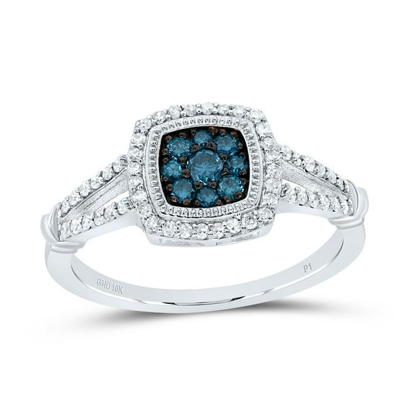 10K White Gold Blue Diamond Women's Split Shank Cushion Halo Right Hand Cocktail Ring 3/8 Ct.