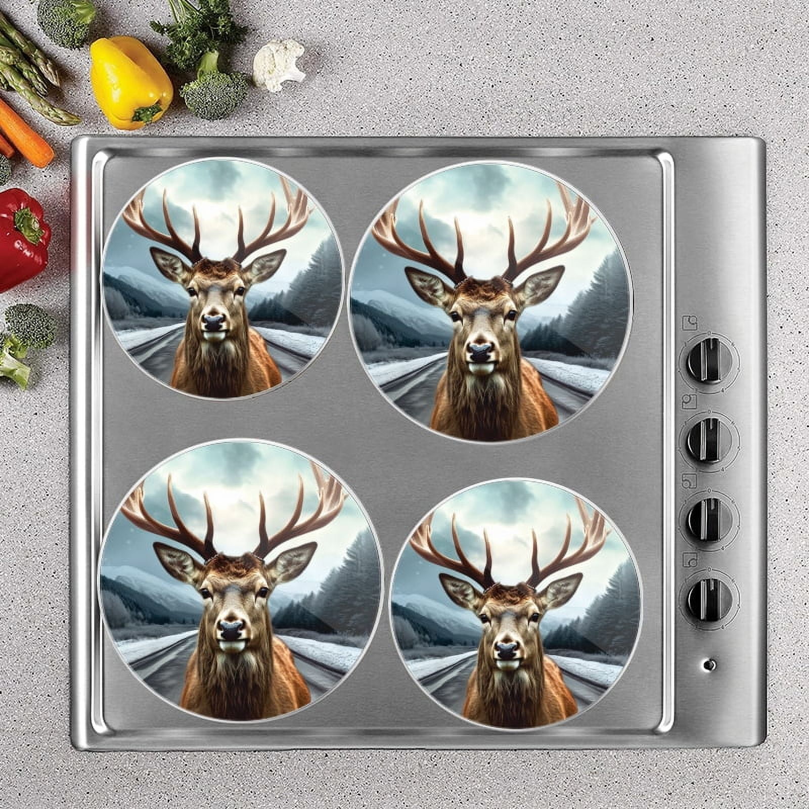 Bahomeck Electric Stove Burner Covers Set Of 4,Deer With Antlers Standing On The Side Of Empty Road Metal Gas Stove Burner Covers,Protecting Gas Stoves,8 Inch And 10 Inch