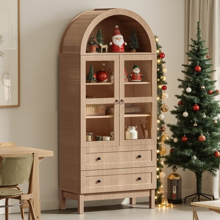 71" Tall Arched Kitchen Pantry, Storage Cabinet with Glass Doors, 2 Large Drawers & 3 Adjustable Shelves, Modern Farmhouse Design for Home Kitchens, Small Homes & Apartments