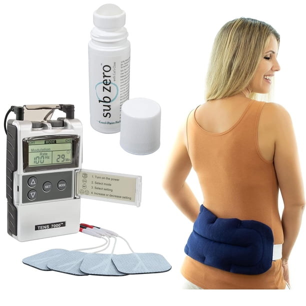 Kit para aliviar el dolor de espalda TENS 7000. Incluye estimulador muscular TENS, gel analgésico Sub Zero y almohadilla térmica para microondas Bed Buddy para aliviar el dolor de espalda.