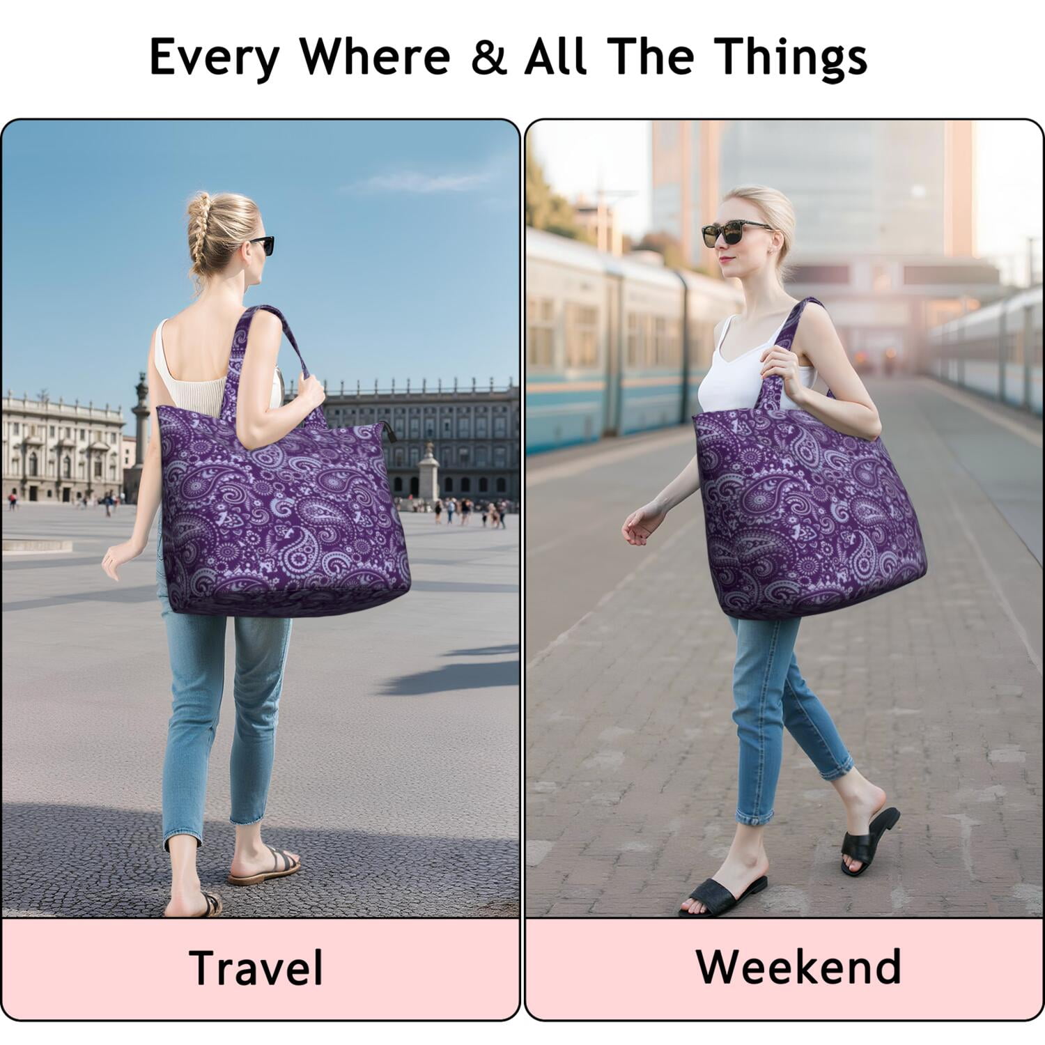 Purple Paisley Pattern Travel Tote Bags for Women Carry On,Large Weekender Bags for Women Travel,Multi Functional Duffle Bag for Work,Shopping,Sports