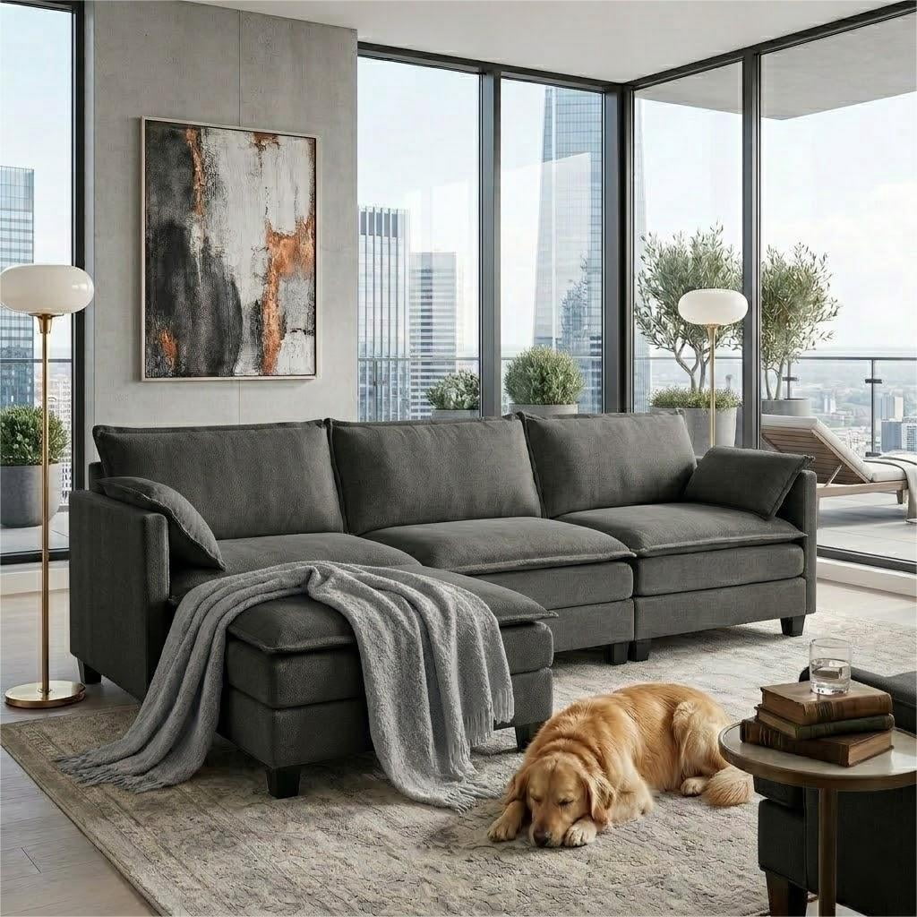 Avobird  Cloud Couch Modular Sectional Sofa, 107" L Shaped Convertible Couch Chenille Thick Cushion with Ottoman and Pillows for Living Room, Gray