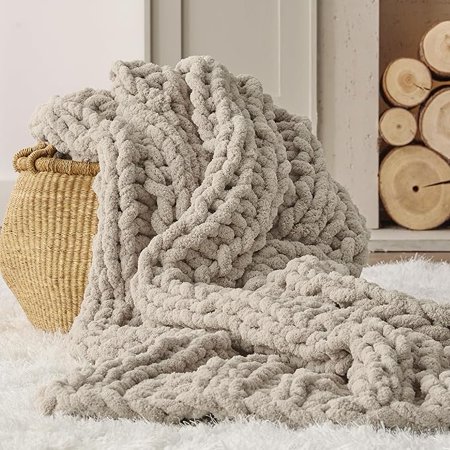 Chunky Knit Blanket Throw - 5.06 lbs 100% Hand Knit Chenille Throw Blanket for Couch - Christmas Thick and Soft Cable Knit Crochet Blanket for Bed Home Decor, Linen Beige, 50x60 Inches