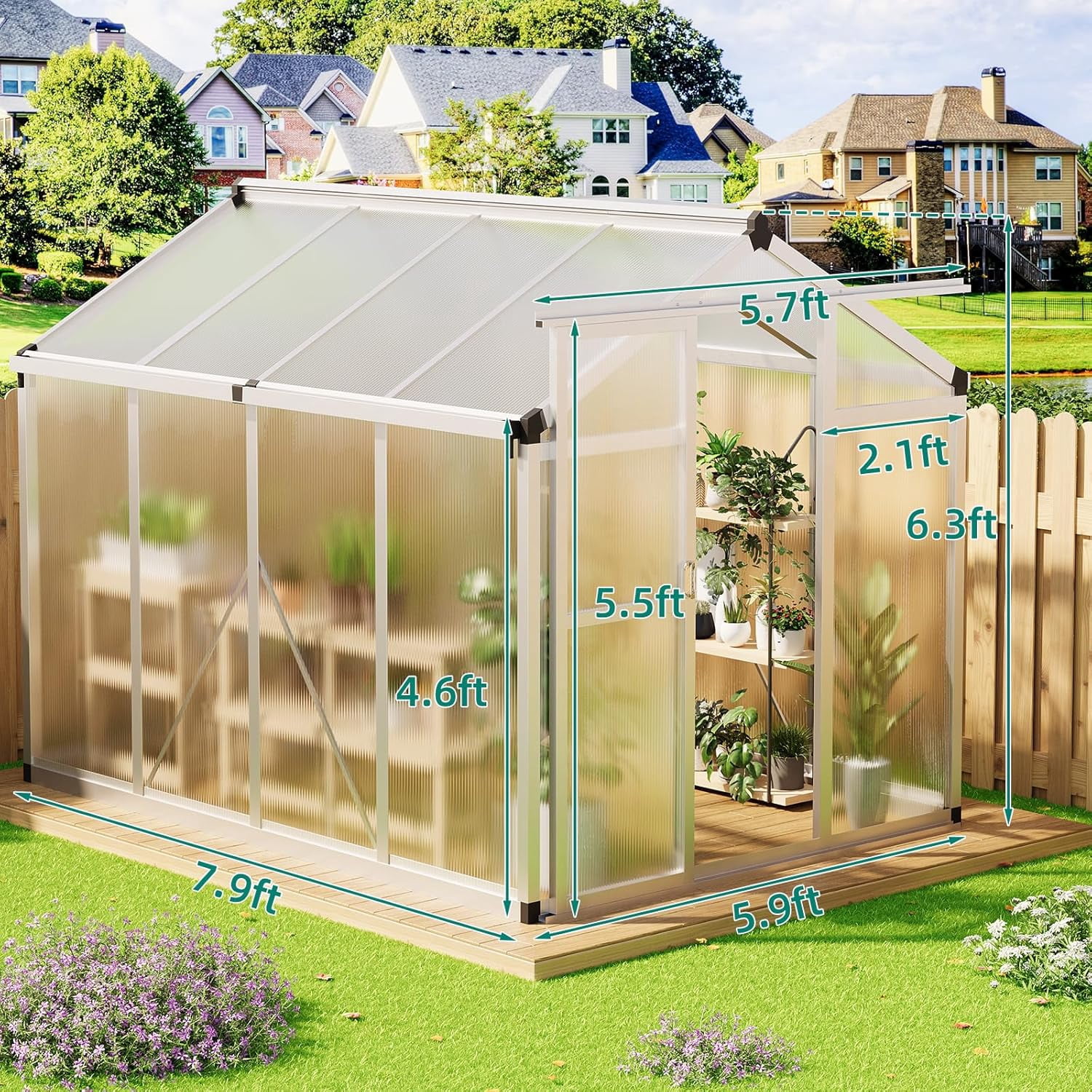 Homhougo 6x8 FT Greenhouse, Large Aluminum Greenhouses for Outdoors, Heavy Duty Polycarbonate Greenhouse with Roof Vent, Walk-in Green Houses for Winter Garden, Backyard, Patio, Lawn, Easy Assembly