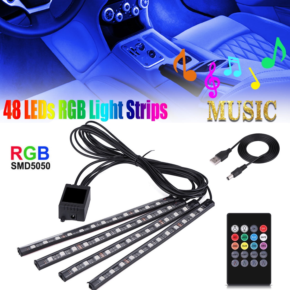 EECOO Waterproof 4x12 LED Neon Lamp Underdash Decorative Multicolor RGB Music Atmosphere Strip Light LED Lighting Kit with Sound Active Function Car Interior Lights 8 colors,48LEDs Wireless Remote Control and Smart USB Port