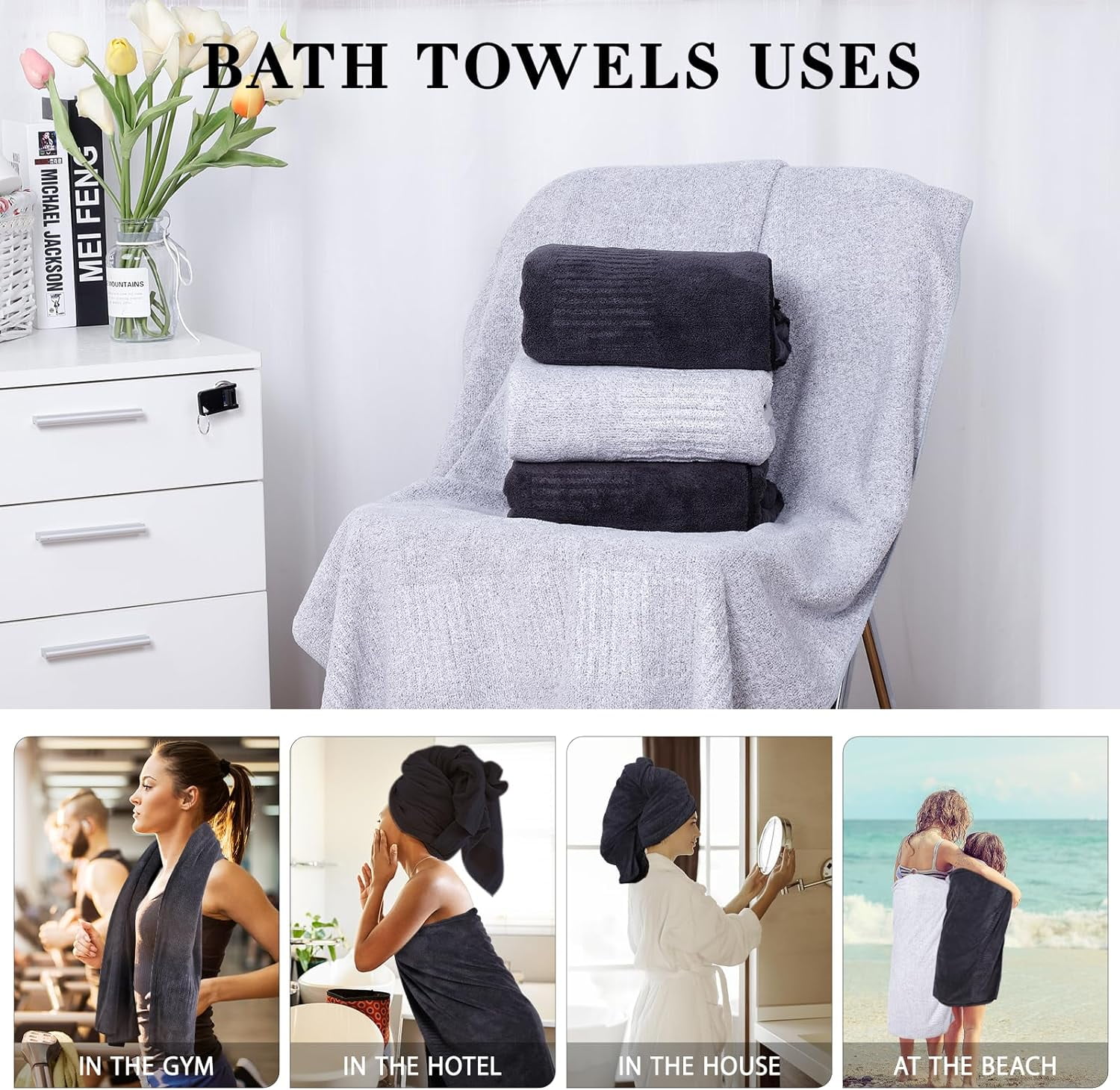 Luxury Bath Towels 27” x 54” - Super Soft, Lightweight Bamboo Viscose, Quick Dry, for Bathroom, Fitness, Hotel, Spa, Yoga, Dark Grey (2-pack)