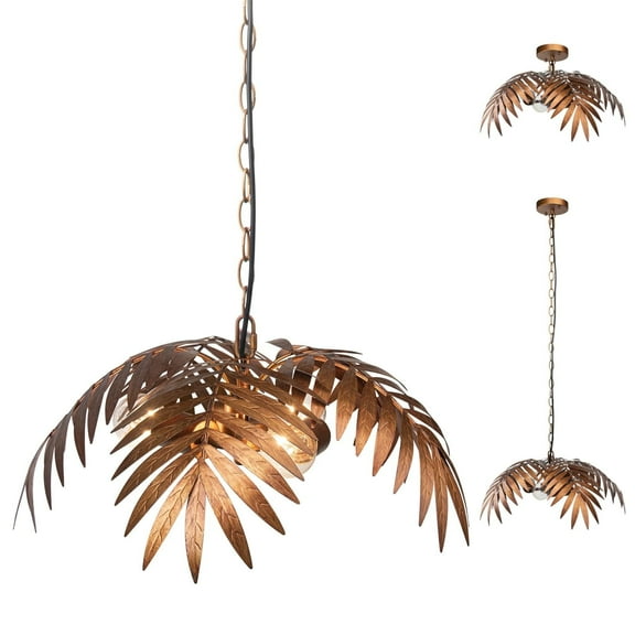 Rustic Farmhouse Chandelier, Flush Mount Chandelier with Gold Palm Leaves Decor, Art Deco Pendant Light for Home