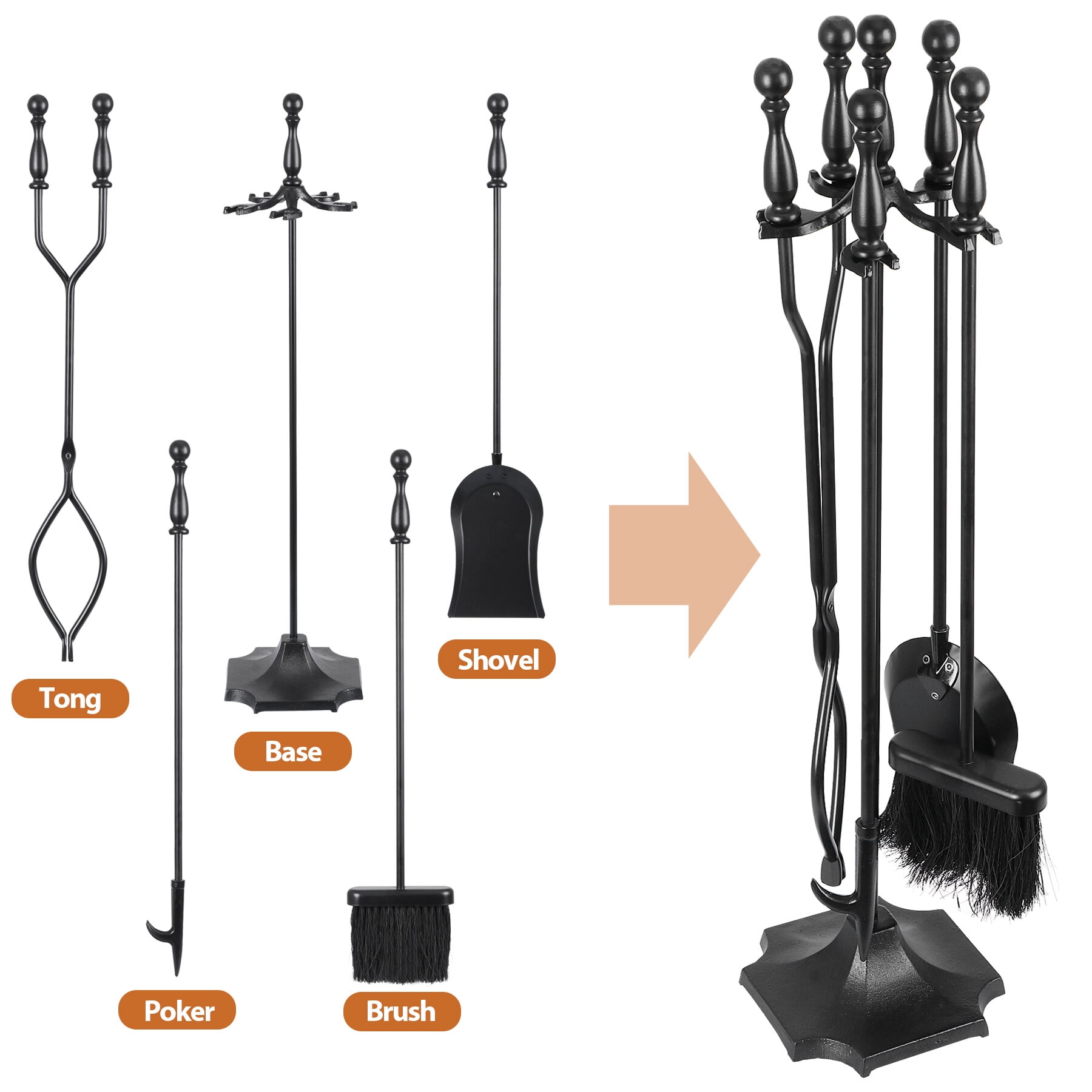 HomGarden 5 Piece Iron Fireplace Tool Set W/ Brush, Shovel, Fire Poker, Tong, Stand, Black