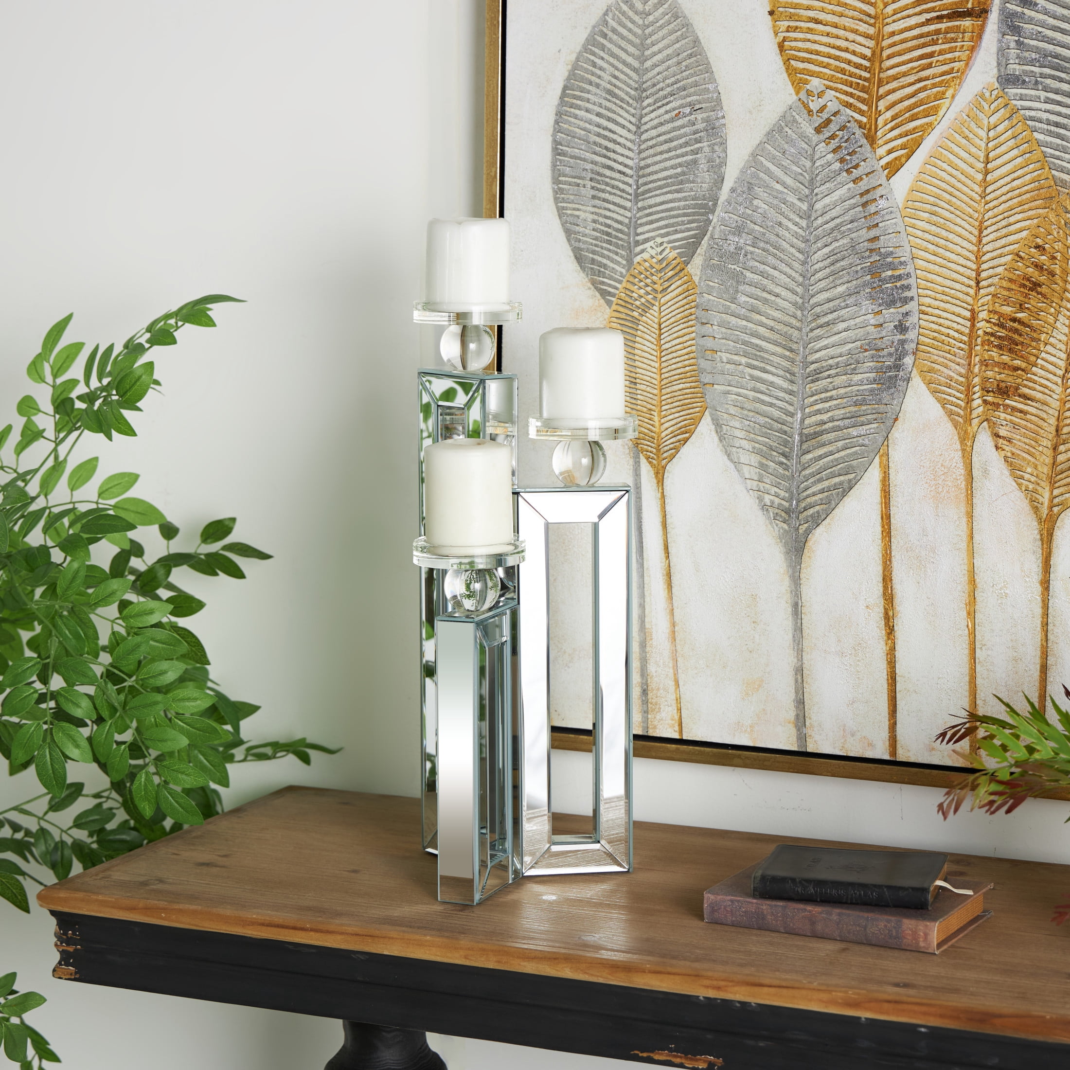 DecMode Glam Wood 3 Plate Pillar Candlle Holder with Silver Beveled Glass Finish, 7"W x 21"H