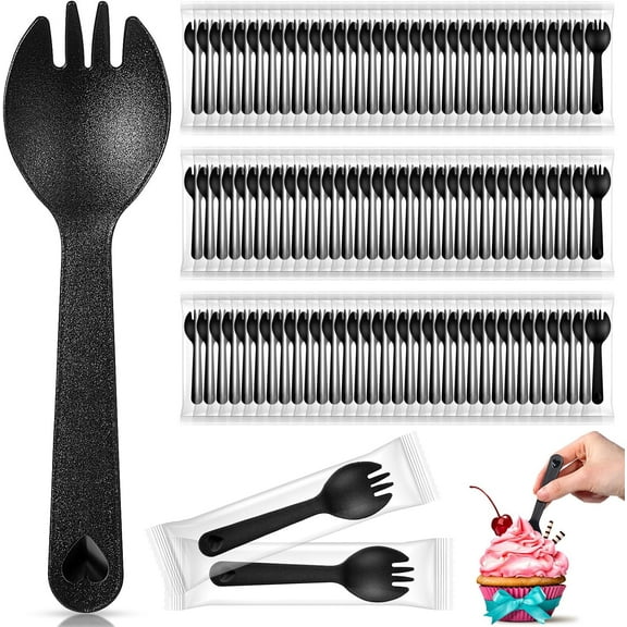 BlinkLLX 100 Pcs Disposable Plastic Sporks Individually Wrapped Disposable Sporks 4.5'' x 1.26'' 2 in 1 Fork and Spoon Set Serving Utensils for Dessert Restaurant Party Supply(Black)