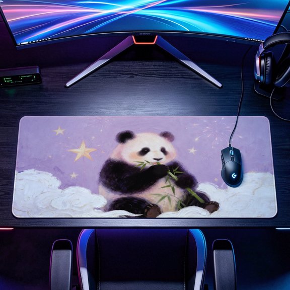 Extra Large adorable panda eating bamboo stars and fireworks aesthetic Mouse Pad，Non Slip Rubber Pad，Desktop Decoration Drotection Pad，Washable，Lock Edge Multi Size，Premium Multipurpose Mousepad