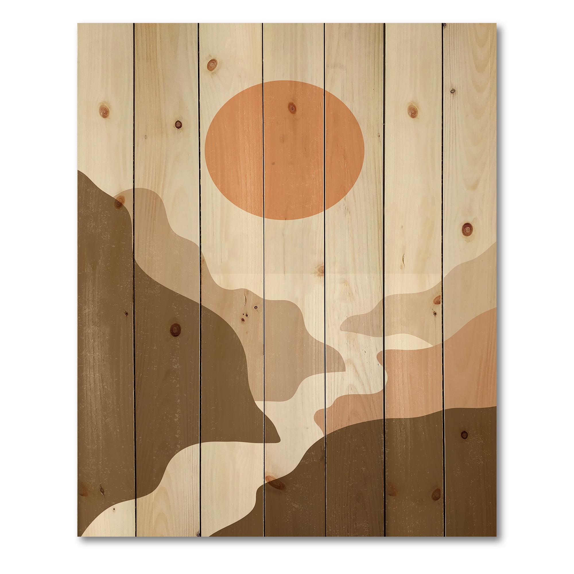 Designart 'Full Moon In Terracotta Tones Mountains' Modern Print on Natural Pine Wood
