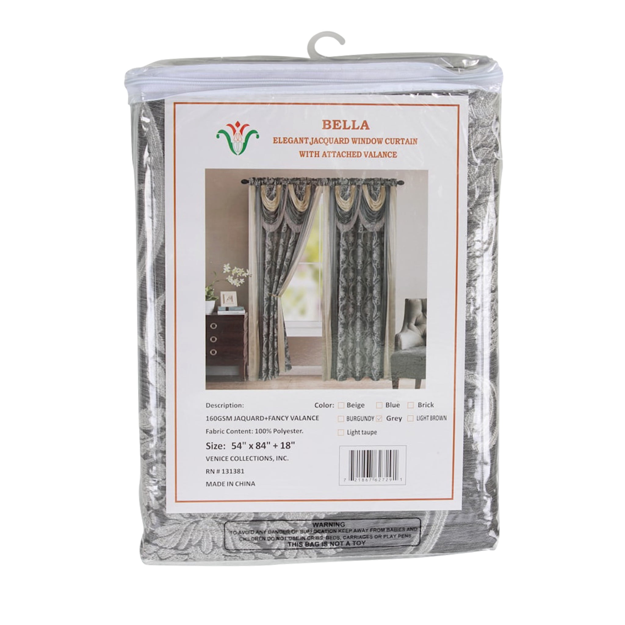 Bella Luxury Jacquard Curtain Panel with Attached Waterfall Valance & Scarf 54 by 84-Inch Grey
