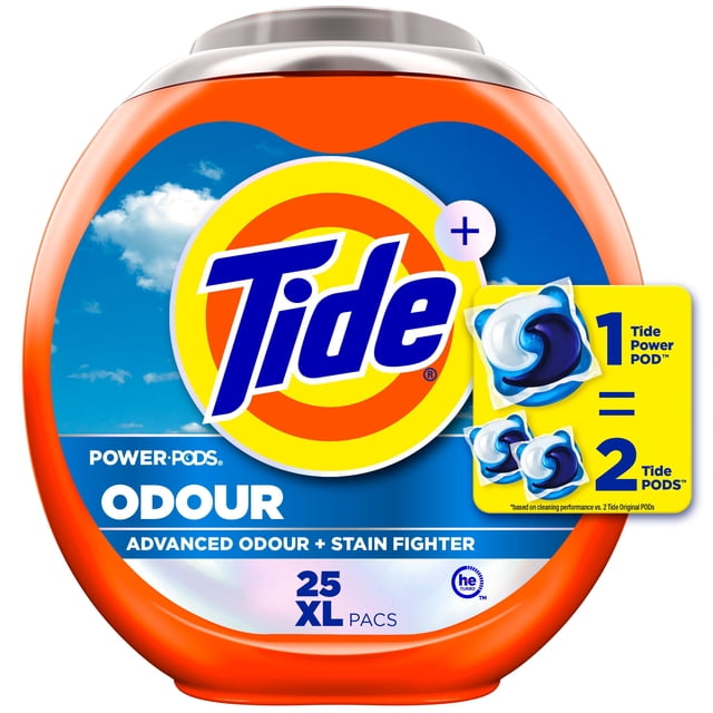 Container of Tide Power Pods Odour laundry detergent with advanced odour and stain fighting formula, containing 25 extra-large pacs.