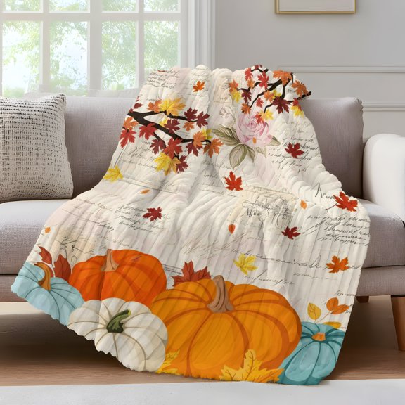 Orange Pumpkins Fall Fleece Throw Blanket for Couch, Thanksgiving Maple Leaf Branches Microfiber Flannel Blanket for All Season, Lightweight Soft Throw Blankets for Baby, Kids, Pets, 30"x40"